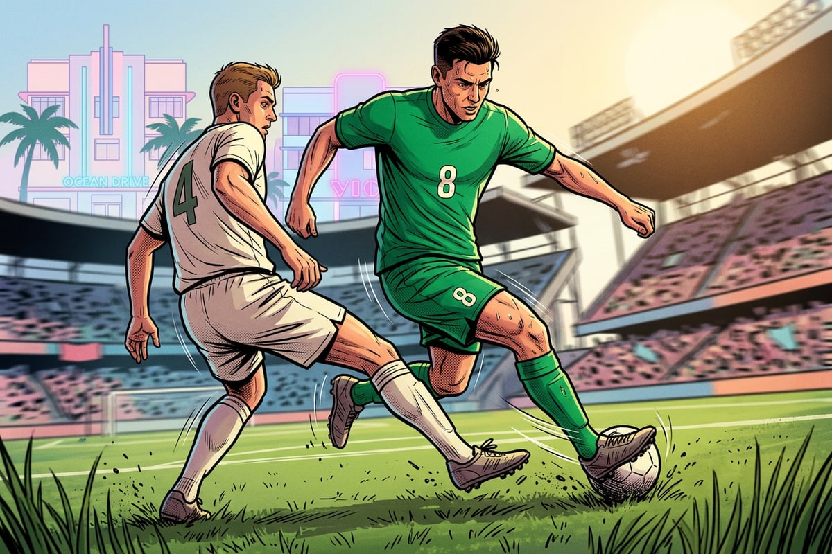 Football players competing for possession during a sunny stadium match.