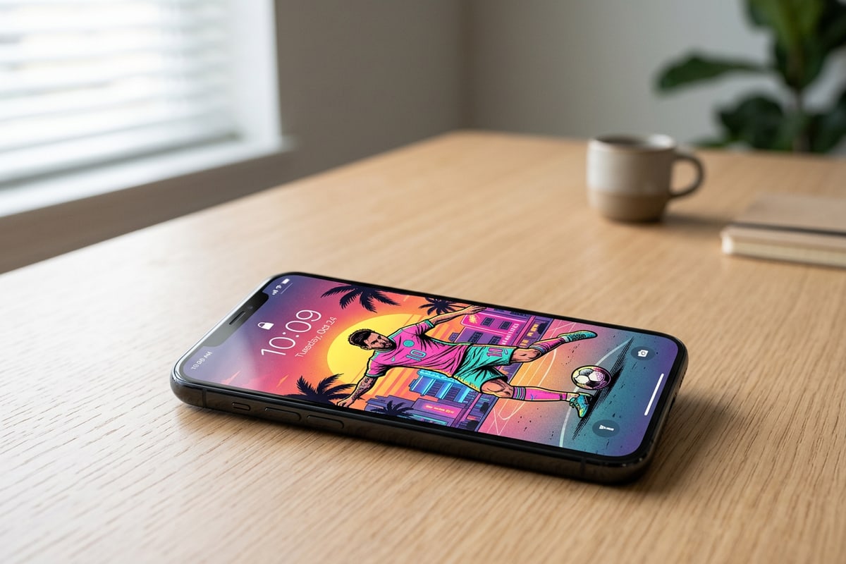 Smartphone displaying a sports action photo edit on a modern wooden desk.
