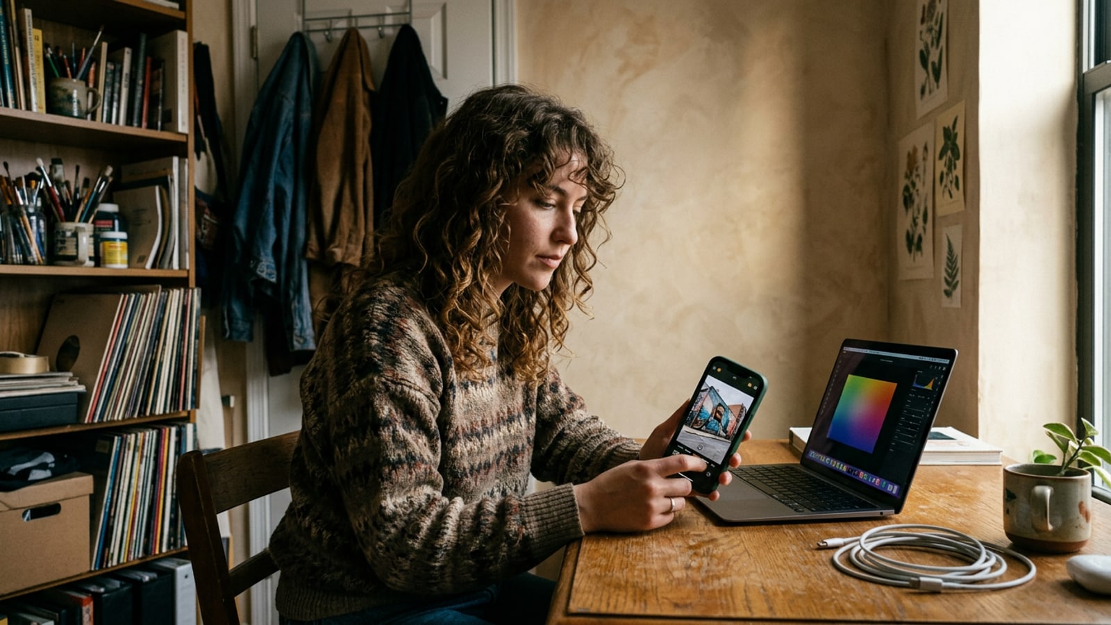 iPhone-Bildbearbeitung zeigt den Übergang des Hintergrunds von einer unaufgeräumten Wohnung zu einem Studio-Putzhintergrund.