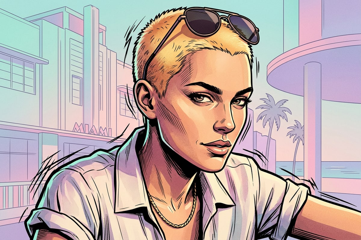 Close-up of a honey-blonde buzz cut hairstyle in soft summer sunlight.