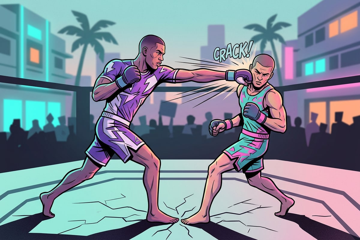 Two fighters engaged in distance striking inside a dimly lit arena octagon