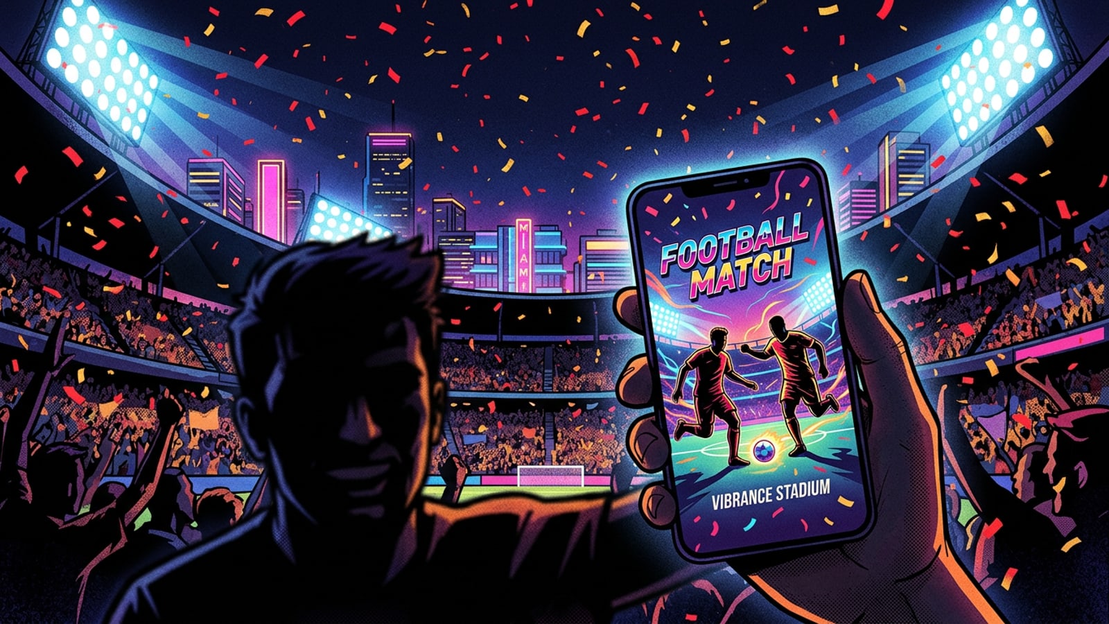 A fan holding a smartphone at a stadium celebration with red and gold confetti.