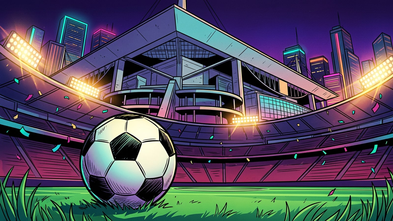 Uma visão comemorativa de um estádio de futebol à noite com confetes dourados caindo no gramado.