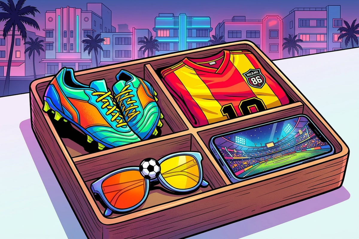 A flat lay of soccer fan gear and a smartphone arranged in a bento-style grid.