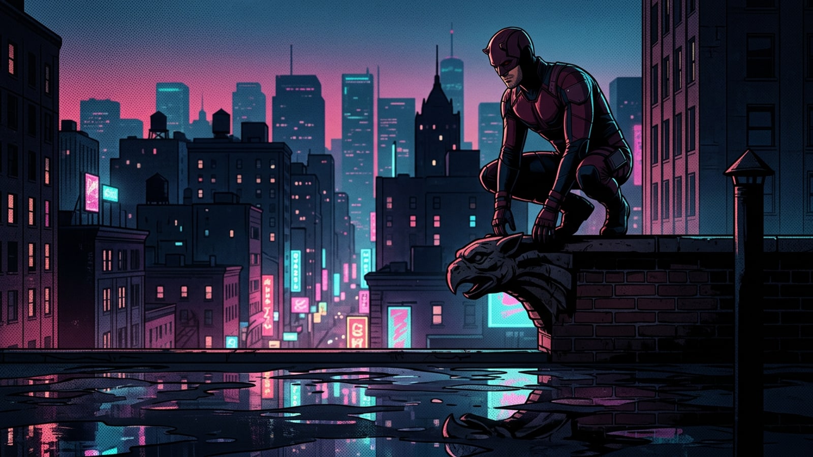 Un superhéroe enmascarado con traje táctico rojo y azul sentado sobre una gárgola contemplando una ciudad lluviosa con luces de neón al atardecer.