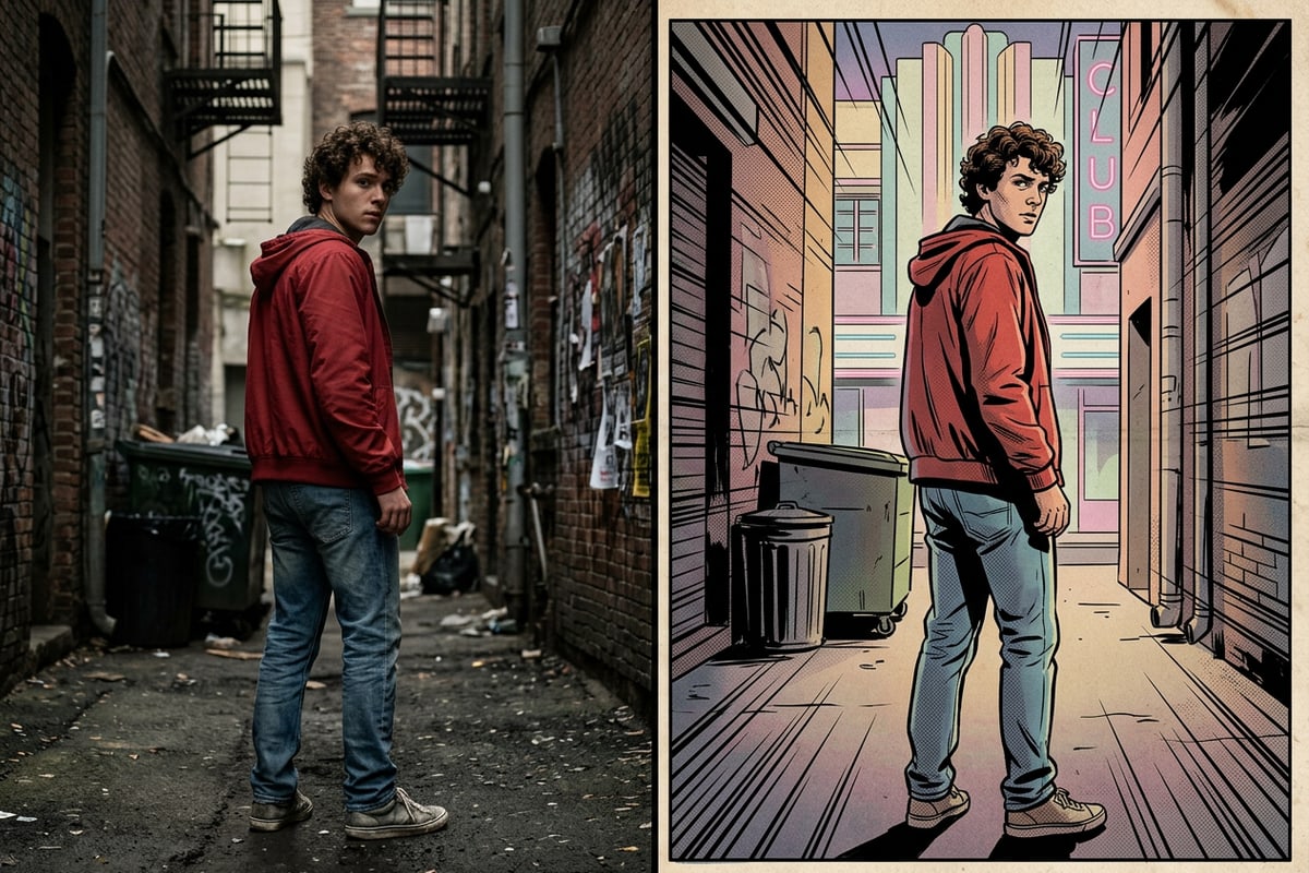 Split graphic showing a real photograph on the left and a retro comic book panel style transformation on the right.