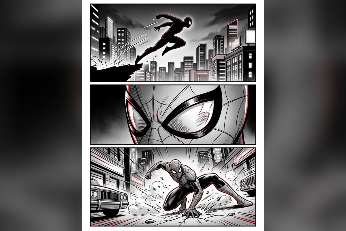 A vertical three-panel black and white comic page layout showing action superhero keyframes.