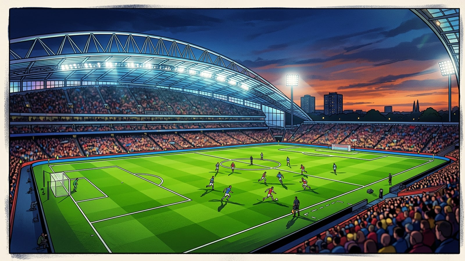 Wide evening shot of a modern illuminated football stadium in London with floodlights against a dusk sky.