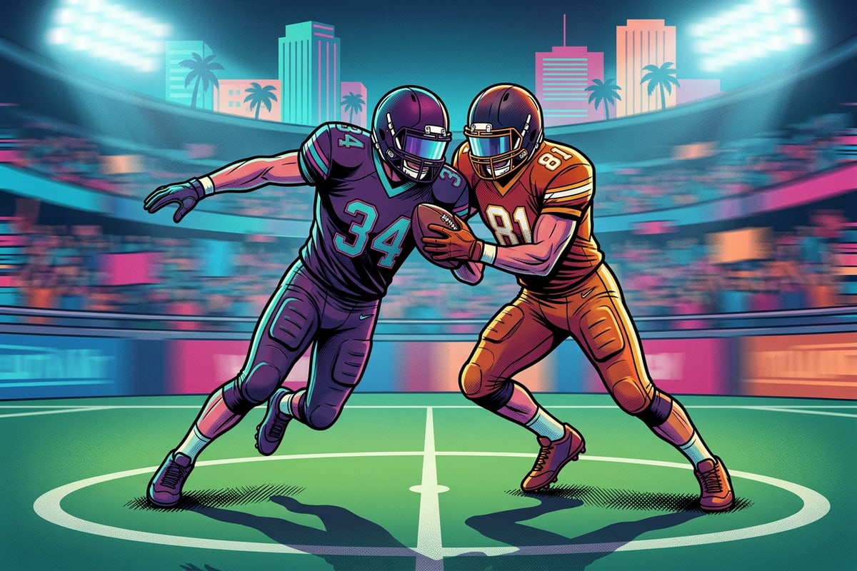 Action photo of two football players in neutral uniforms competing for the ball on a stadium pitch.