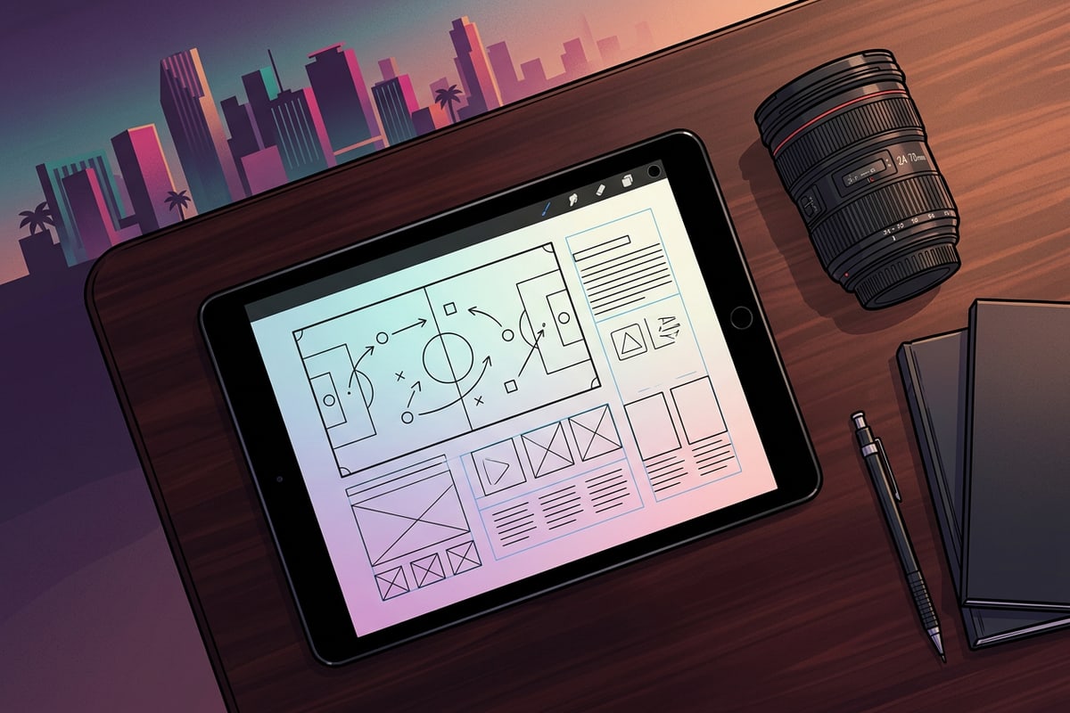 Top-down view of a creator desk with a tablet displaying digital sports graphic design tools and camera gear.