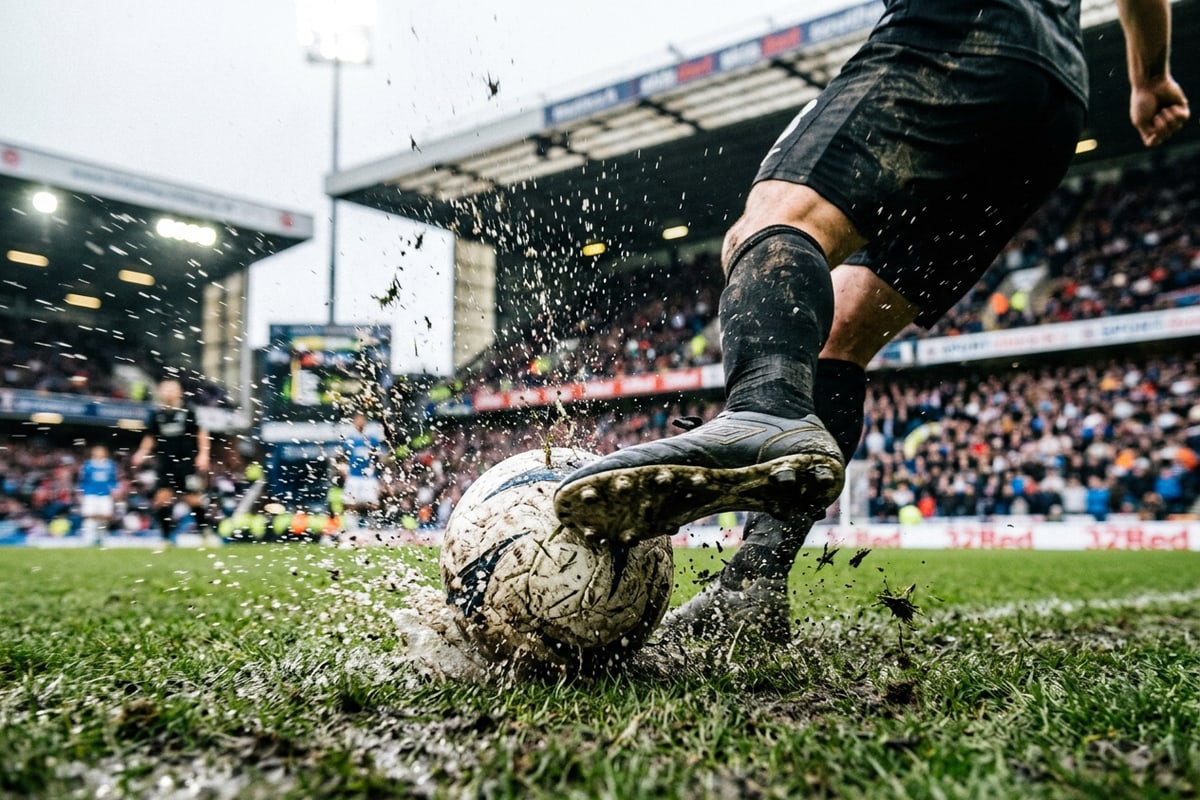 Close-up action shot of a soccer boot kicking a ball on grass with motion blur.