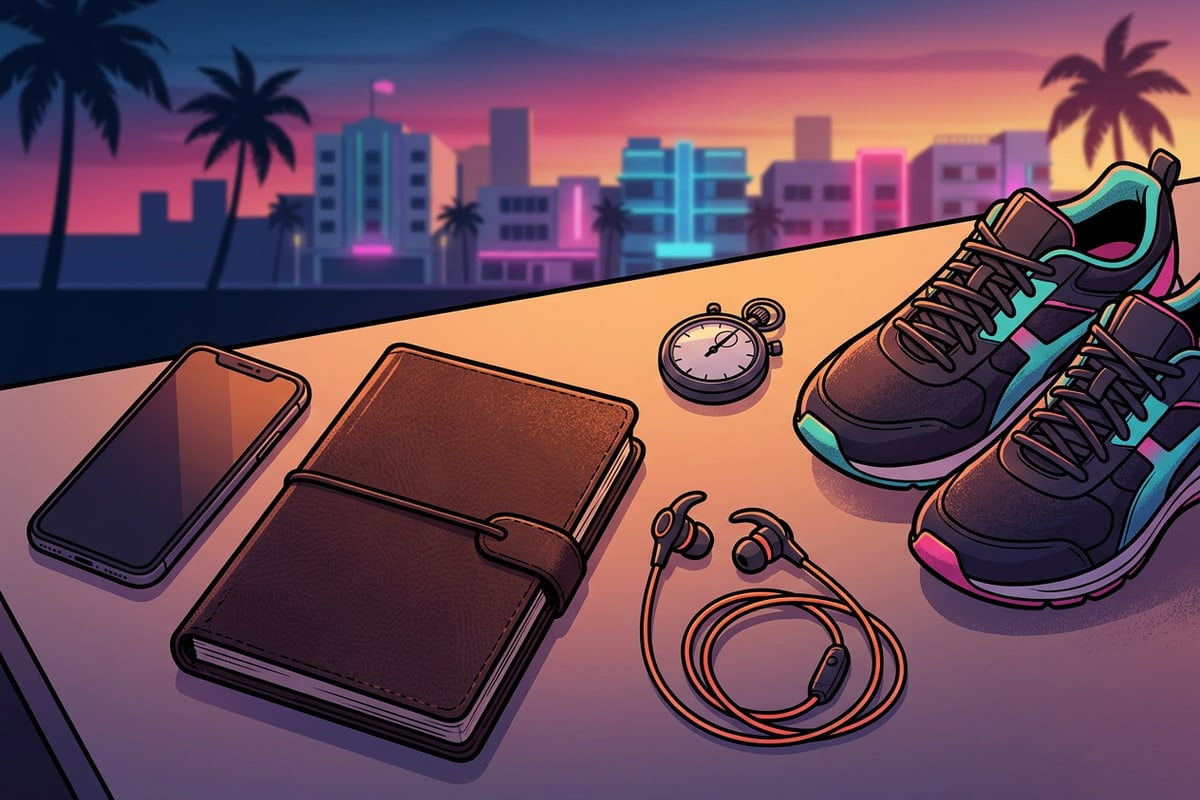 Flat lay of a mobile phone and notebook on a wooden desk with warm lighting.