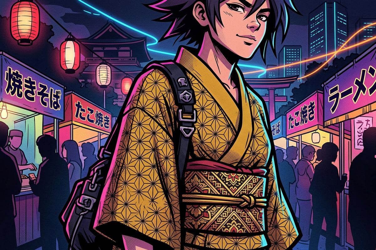 Close-up of a mustard yellow geometric Yukata pattern and Obi belt.