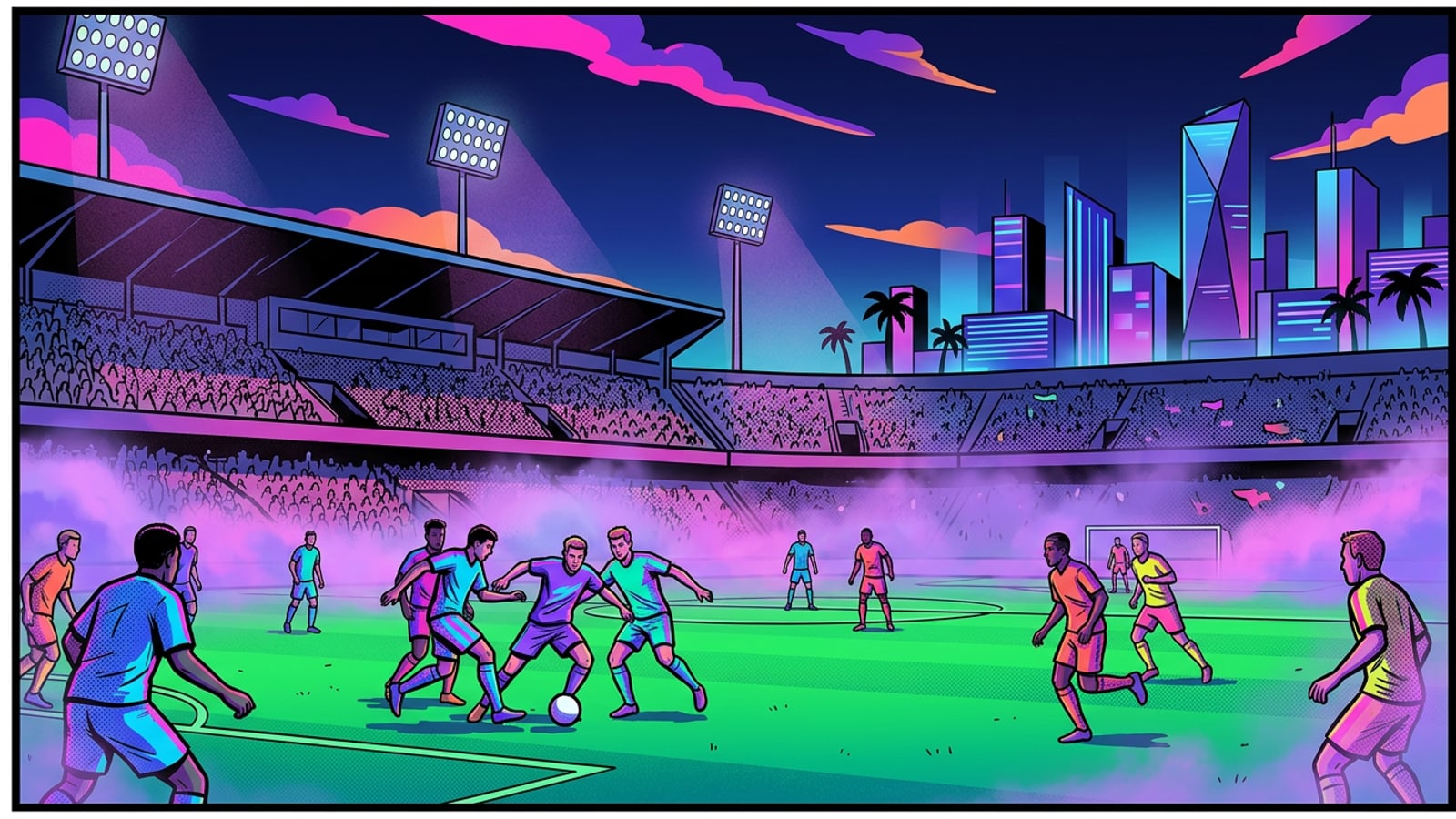 Illuminated football stadium at night under floodlights during a major tournament match.