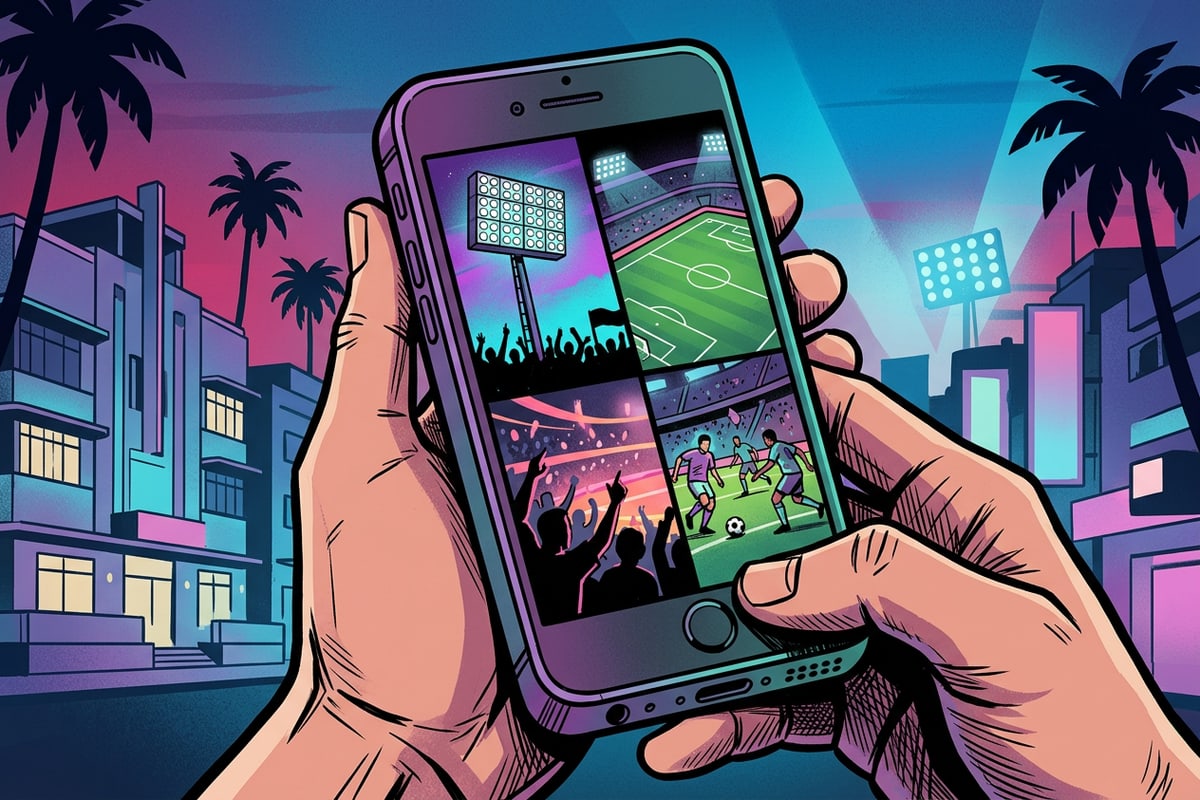 Smartphone displaying a match reaction collage inside a stadium setting.