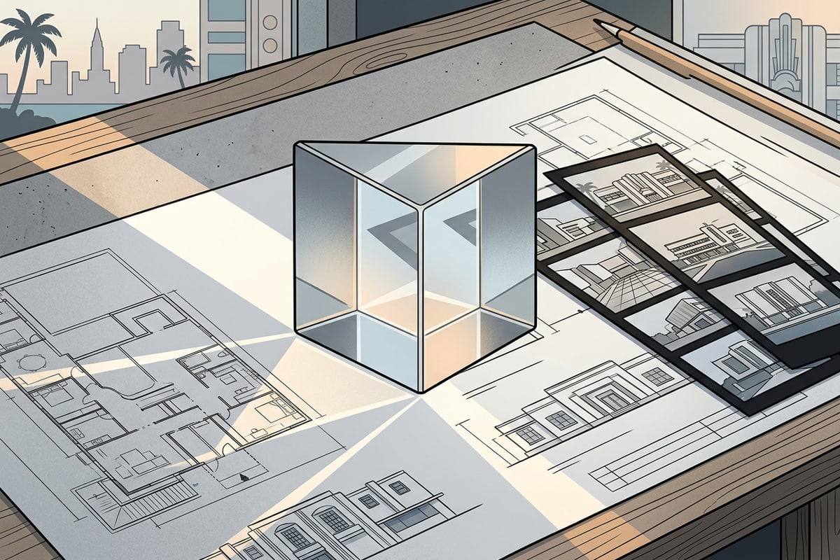 Translucent optical glass prism refracting clean light across photographic contact sheets on a designer's desk, symbolizing optical privacy and transparent data processing.