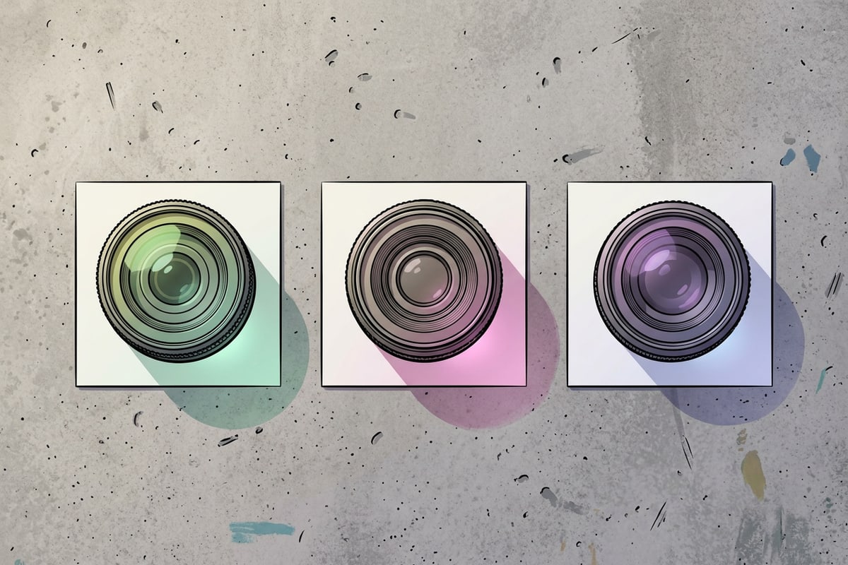 Three camera lens elements lined up on a neutral workshop table reflecting different color temperatures onto white cards, illustrating multi-model comparison.