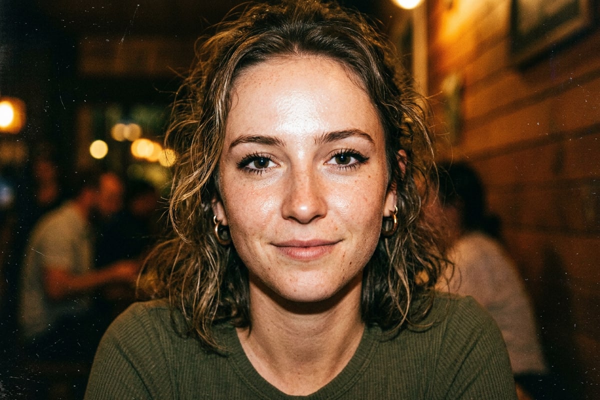 Close-up of vintage film grain and flash blowout on an AI portrait.