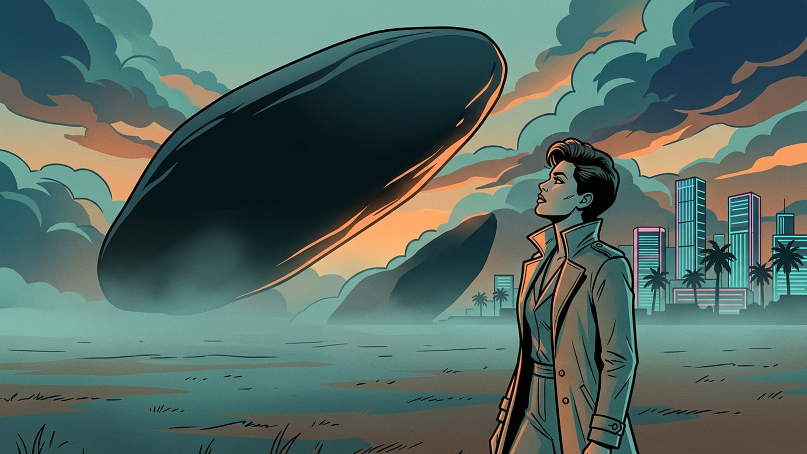 A woman standing in a foggy field looking at a dark monolithic alien ship in the sky.
