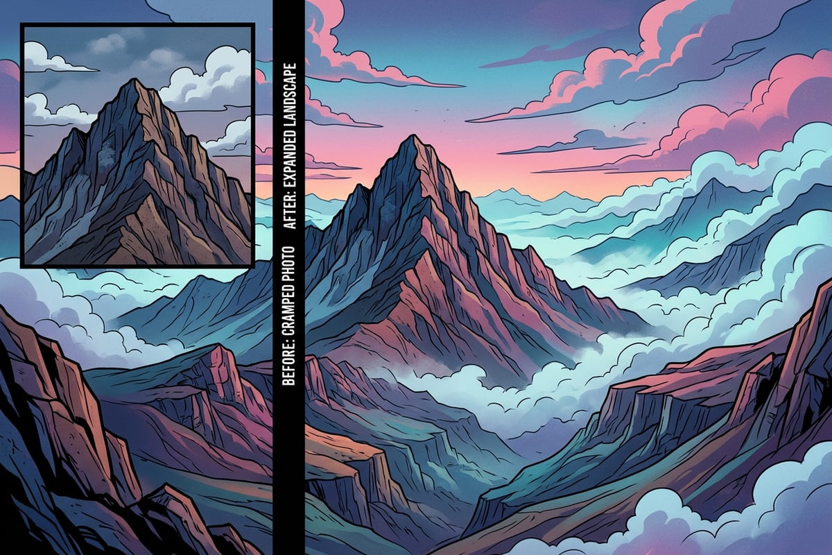 A split screen showing a standard photo being expanded into a wide cinematic landscape.