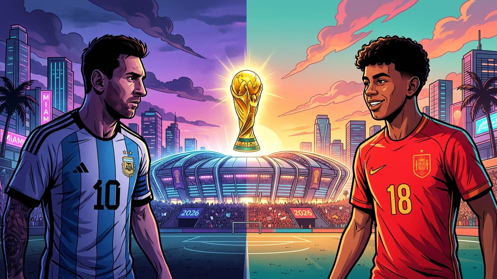 A dramatic match poster showing the generational divide between Argentina and Spain for the 2026 final.