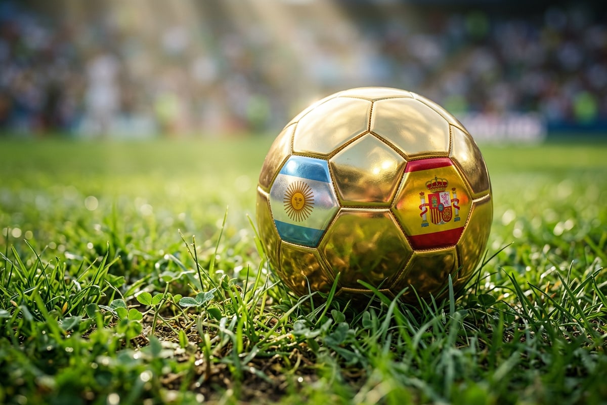 Close up of a golden soccer ball reflecting national colors on a stadium pitch.