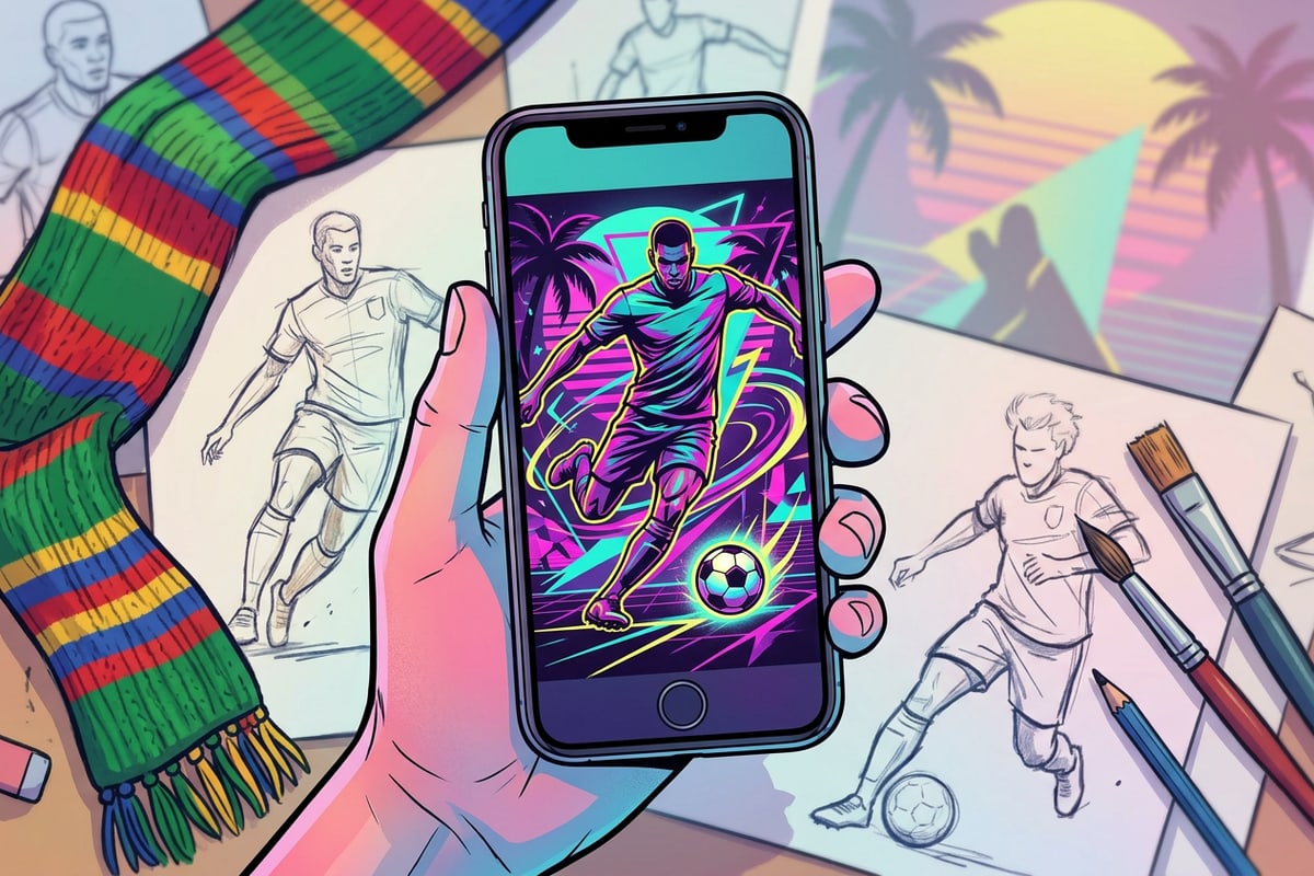 A hand holding a smartphone showing a custom World Cup poster created with an app.