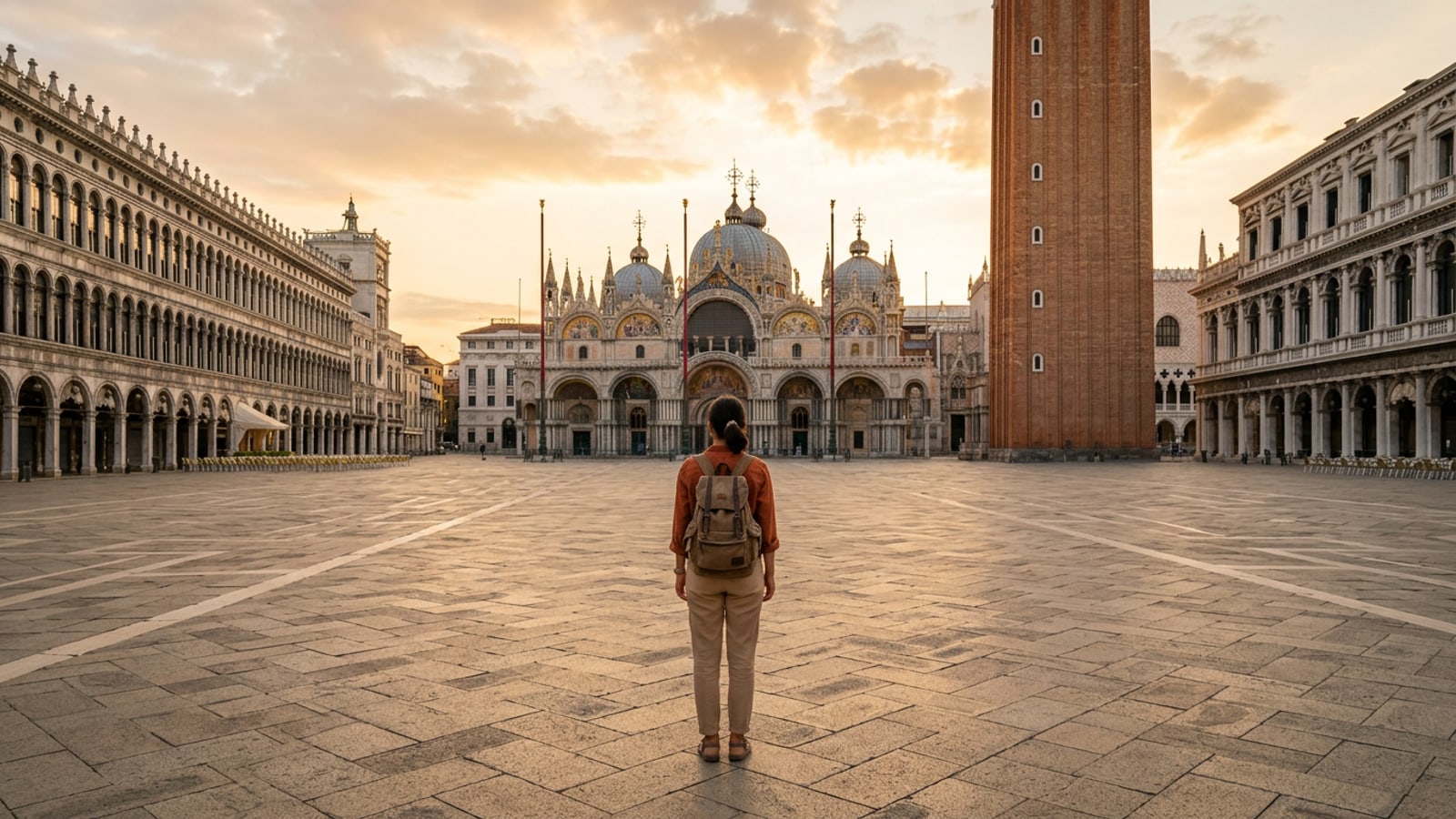Một du khách đứng một mình giữa Quảng trường St. Mark ở Venice vắng lặng vào giờ vàng.