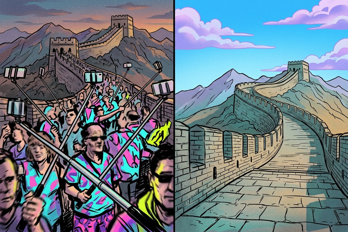 Comparison of a crowded landmark versus a digitally cleaned version.