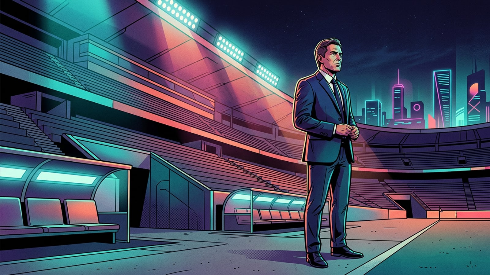 Seorang manajer sepak bola berdiri dengan tenang di pinggir lapangan stadion futuristik pada malam hari di bawah sorotan lampu dramatis.