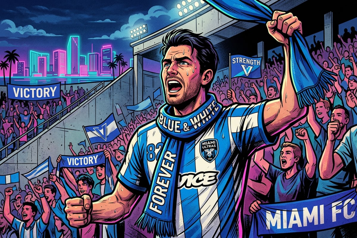A stylized pop-art portrait of an emotional football fan in blue and white colors.