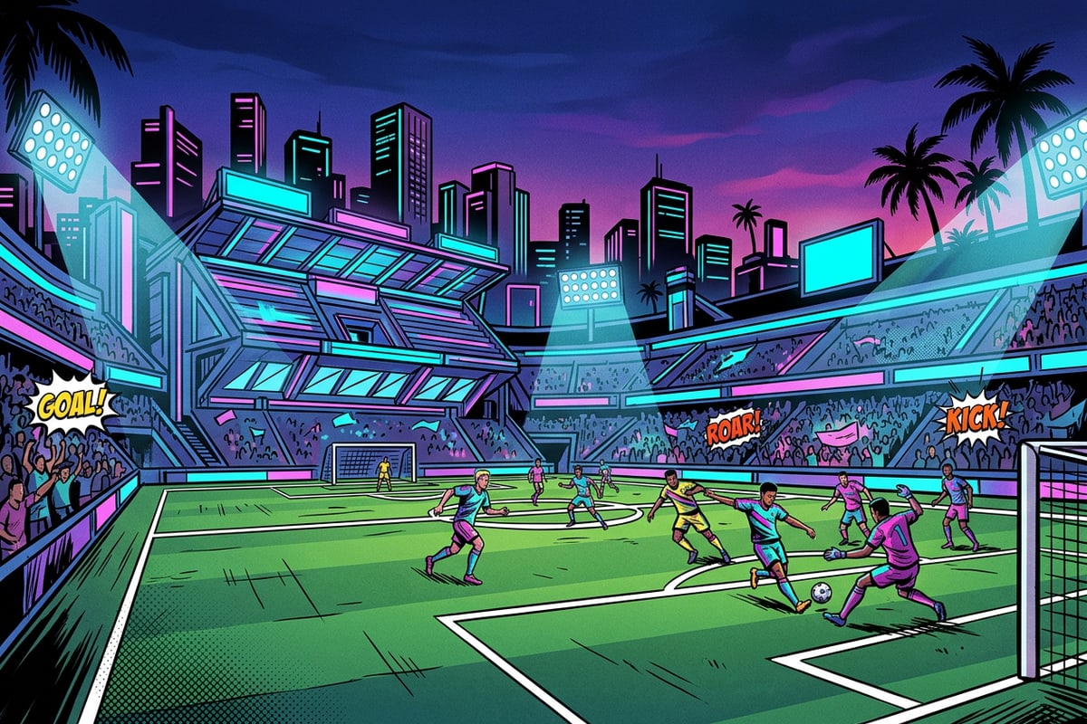 A vibrant comic-book style illustration of a football stadium at night.