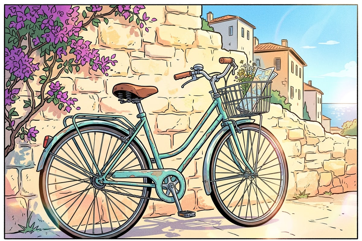 A Mediterranean summer scene rendered in hand-drawn anime style.