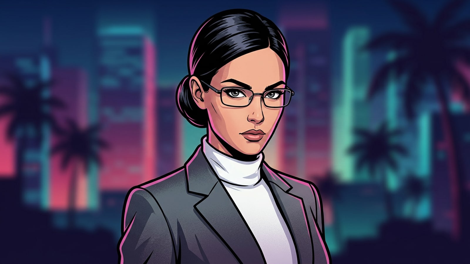 A professional woman with Bayonetta glasses and a charcoal blazer in a 2026 Office Siren style headshot.