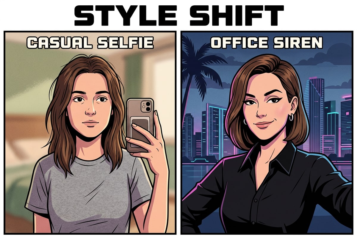Comparison showing a casual selfie transformed into a professional Office Siren AI portrait.