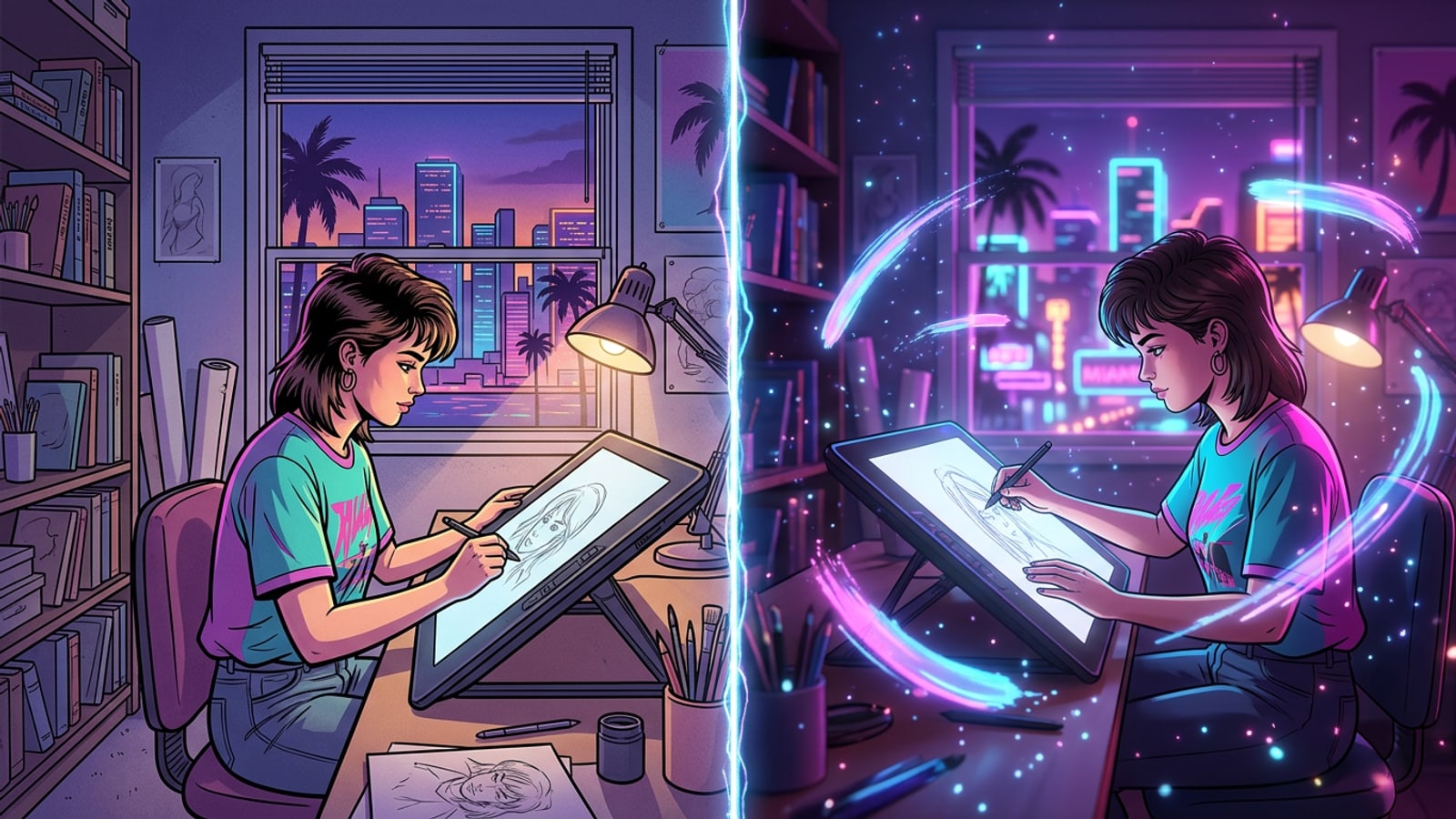 Split-screen digital art showing a static 2D sketch on the left transitioning into a dynamic 3D animated scene on the right.