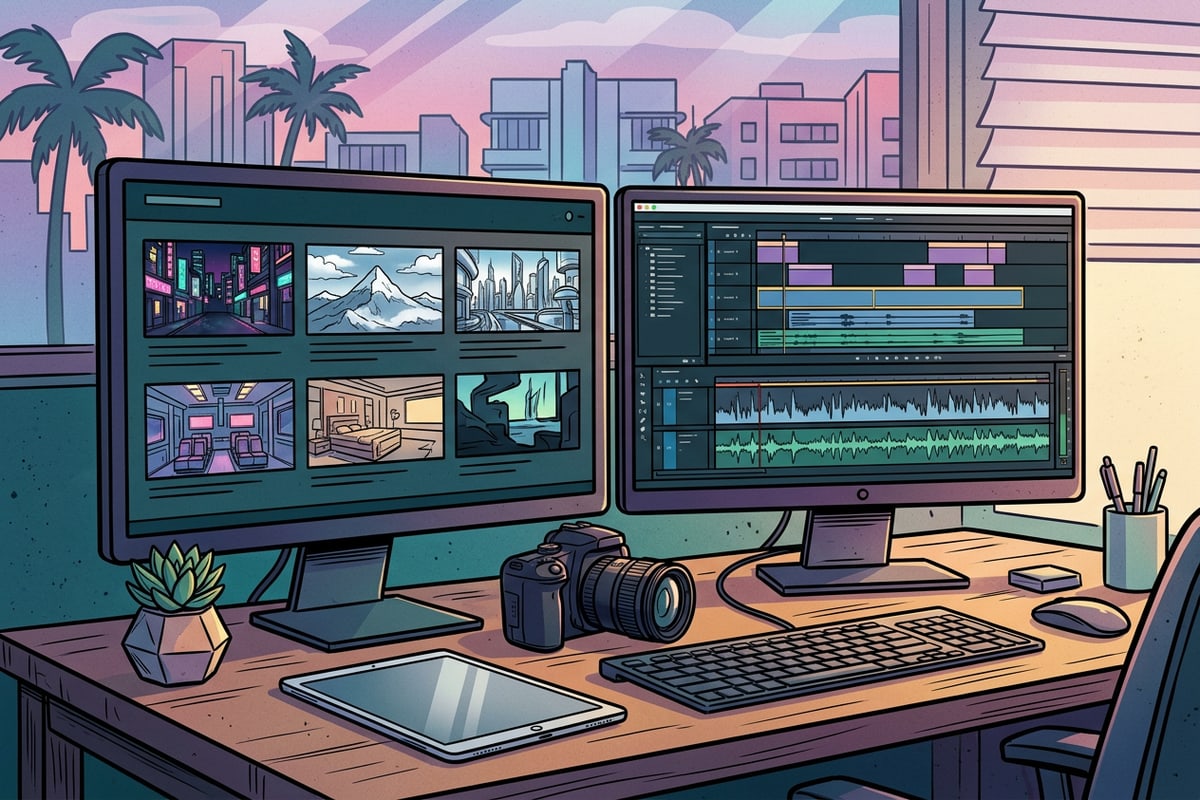 A clean, modern content creator workspace with dual monitors displaying storyboards and video editing timelines.