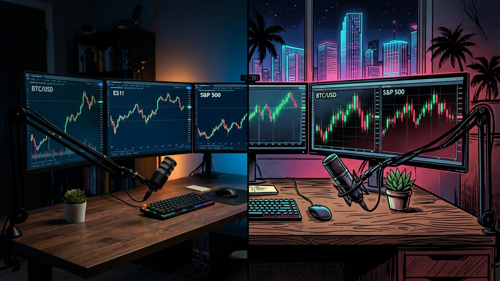 Uma tela dividida comparando uma mesa de trading realista com sua transformação em arte de história em quadrinhos.