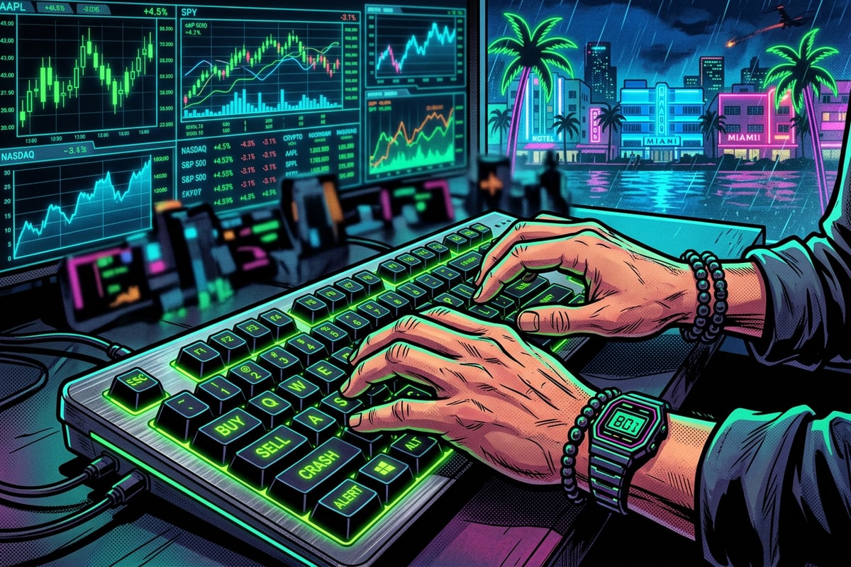 Close-up of hands on a keyboard in a neon-colored comic art style.