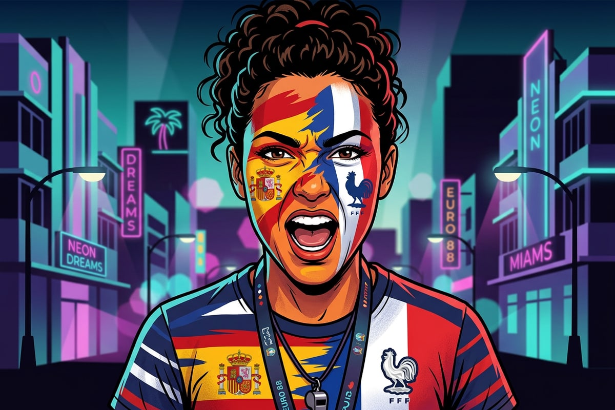 A soccer fan with artistic face paint in Spanish and French colors.