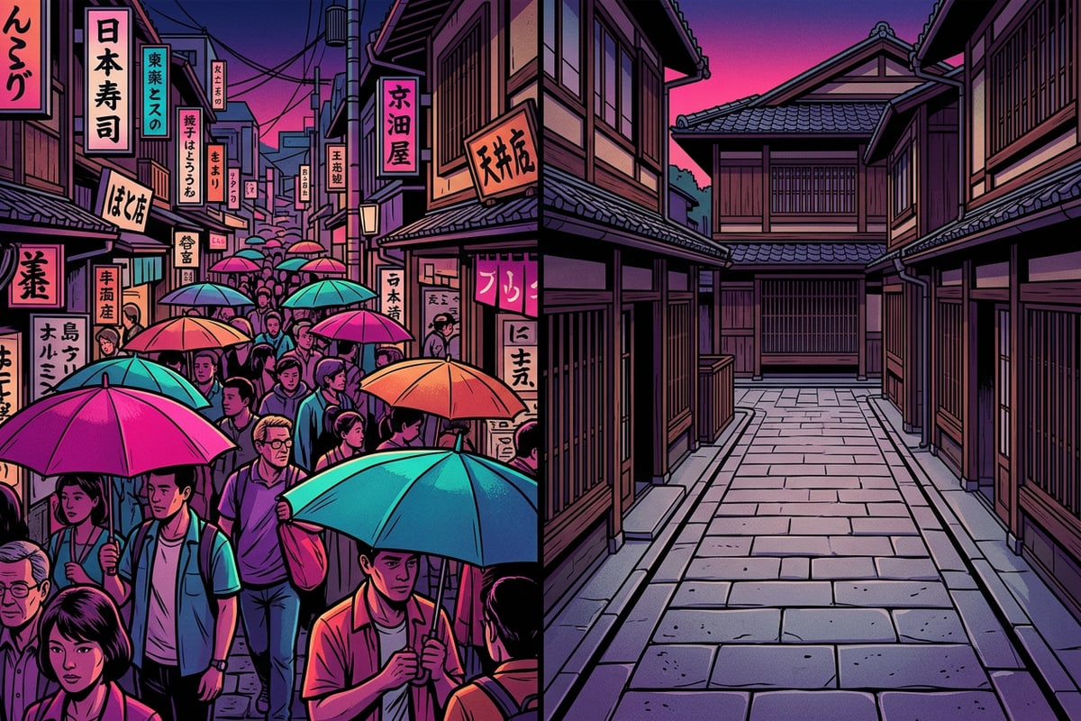 Comparison of a crowded Kyoto street versus a digitally emptied version.