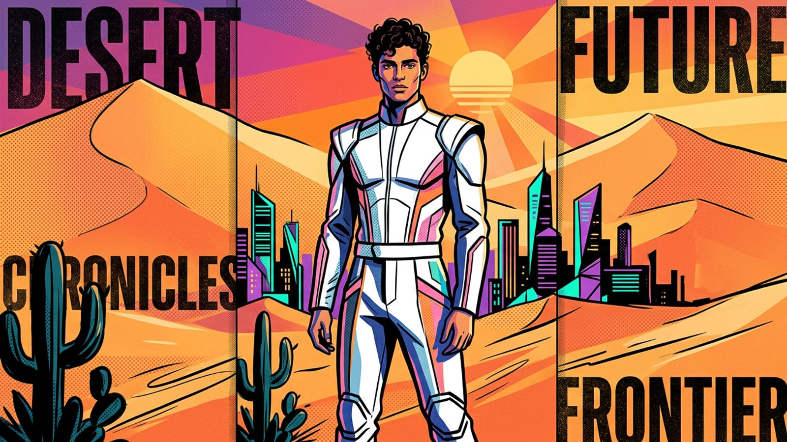 Um retrato de alta moda de um homem com terno branco vanguardista em um deserto ao pôr do sol.