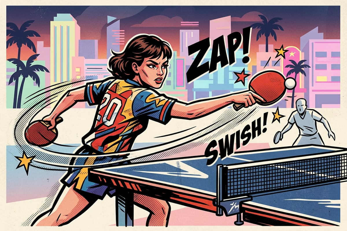 A 1950s style comic book illustration of a table tennis match.