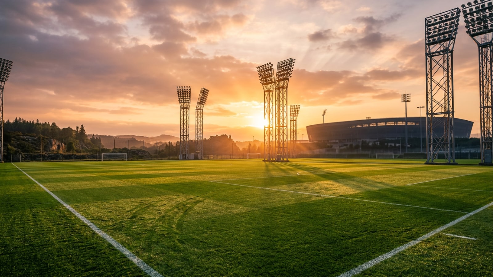 Sunlit professional football training pitch at sunset with floodlights in the background