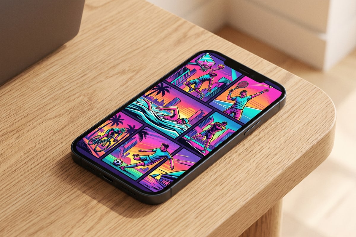 Smartphone displaying a stylized multi-panel graphic collage layout