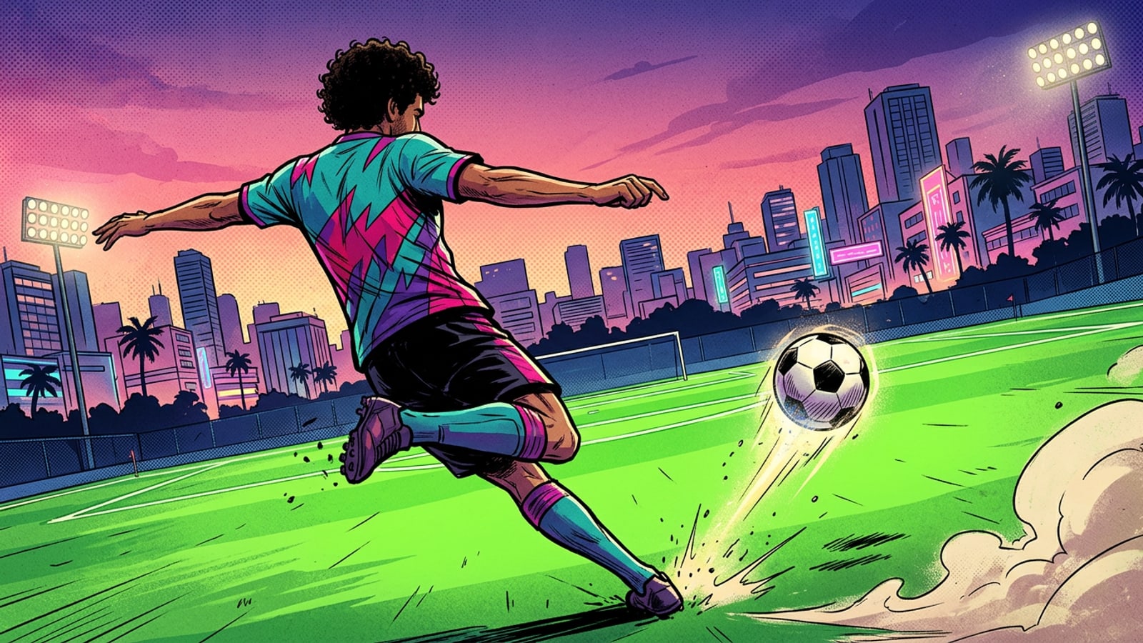 Seorang pemain sepak bola melakukan tendangan voli di lapangan latihan hijau yang cerah selama pertandingan pramusim.