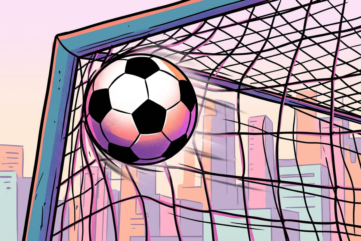 Soccer ball hitting the top net corner in bright sunlight.