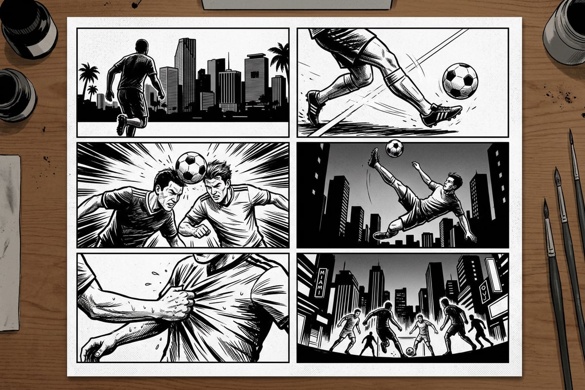 Multi-panel black and white comic art page showing dynamic soccer action.