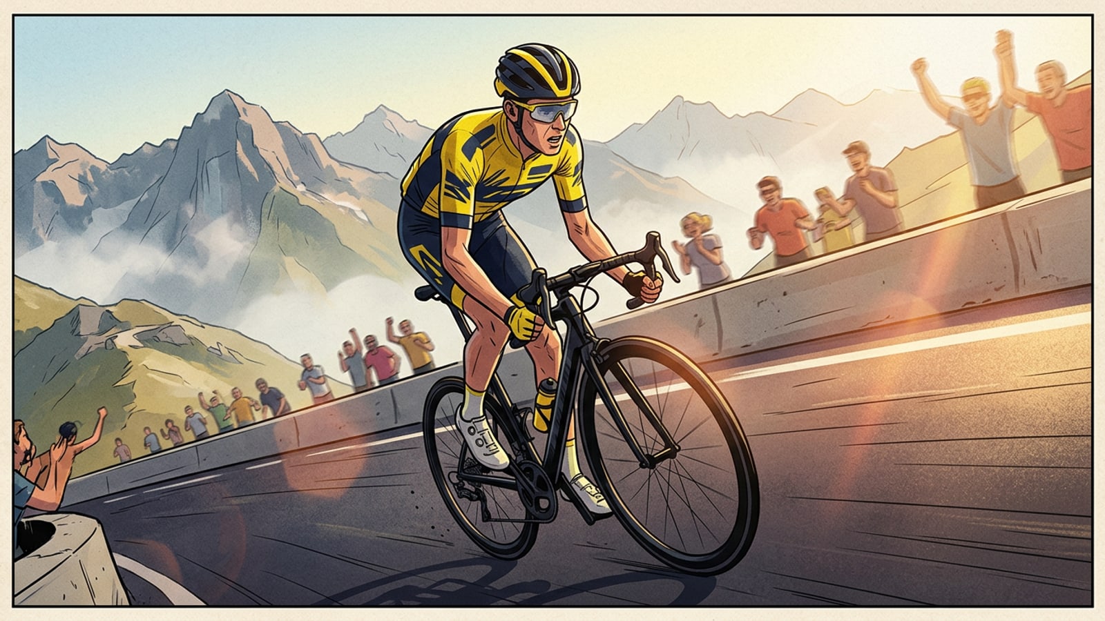 Professional road cyclist in yellow jersey climbing a sunlit mountain pass during a summer stage race.