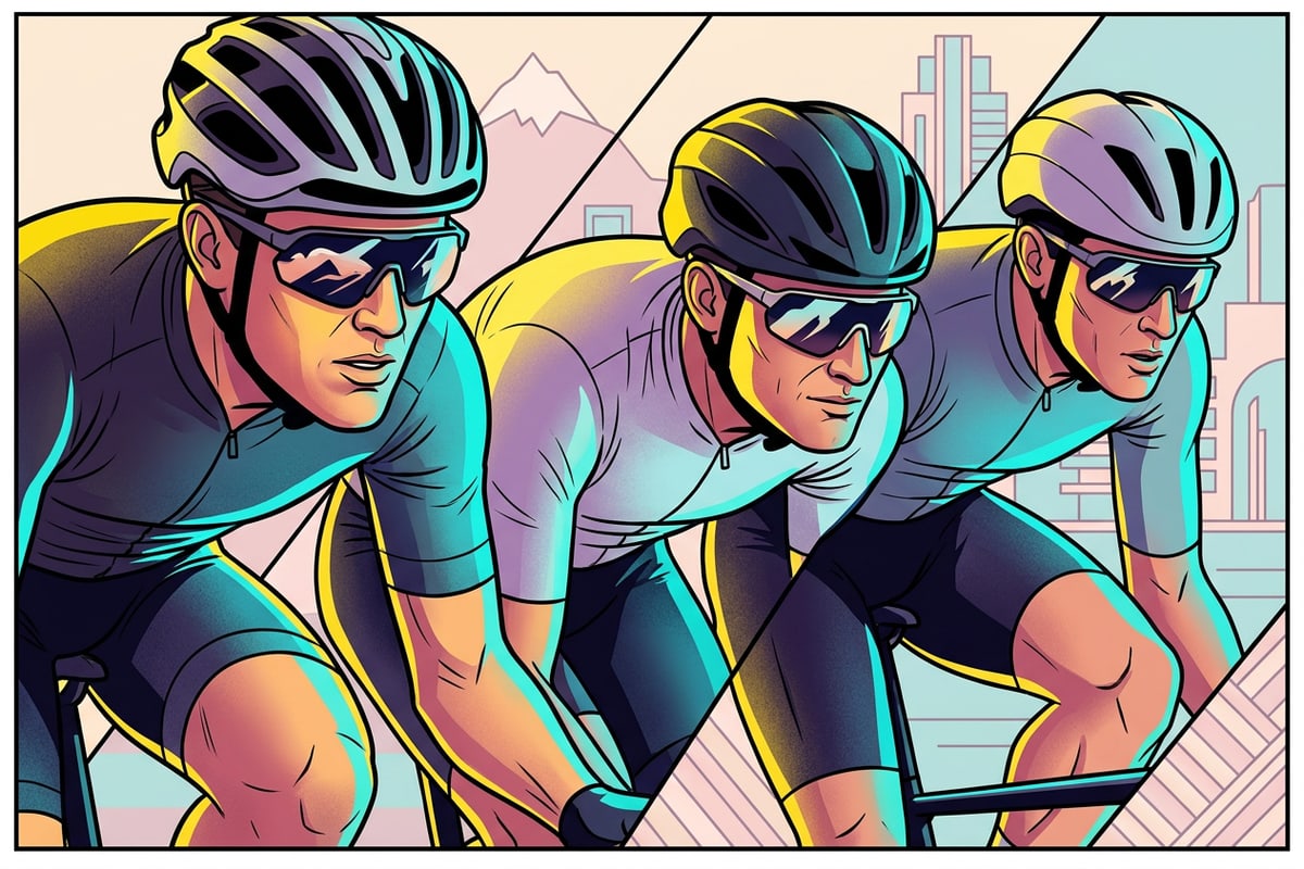Modular editorial visual layout showing professional road race competitors against mountain backdrop.
